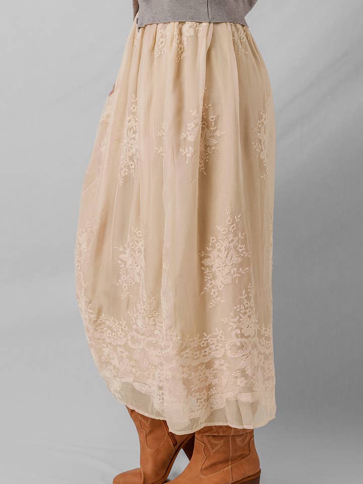 Oatmeal Vivienne Embroidered Mesh Overlay Long Skirt for wholesale on Faire2