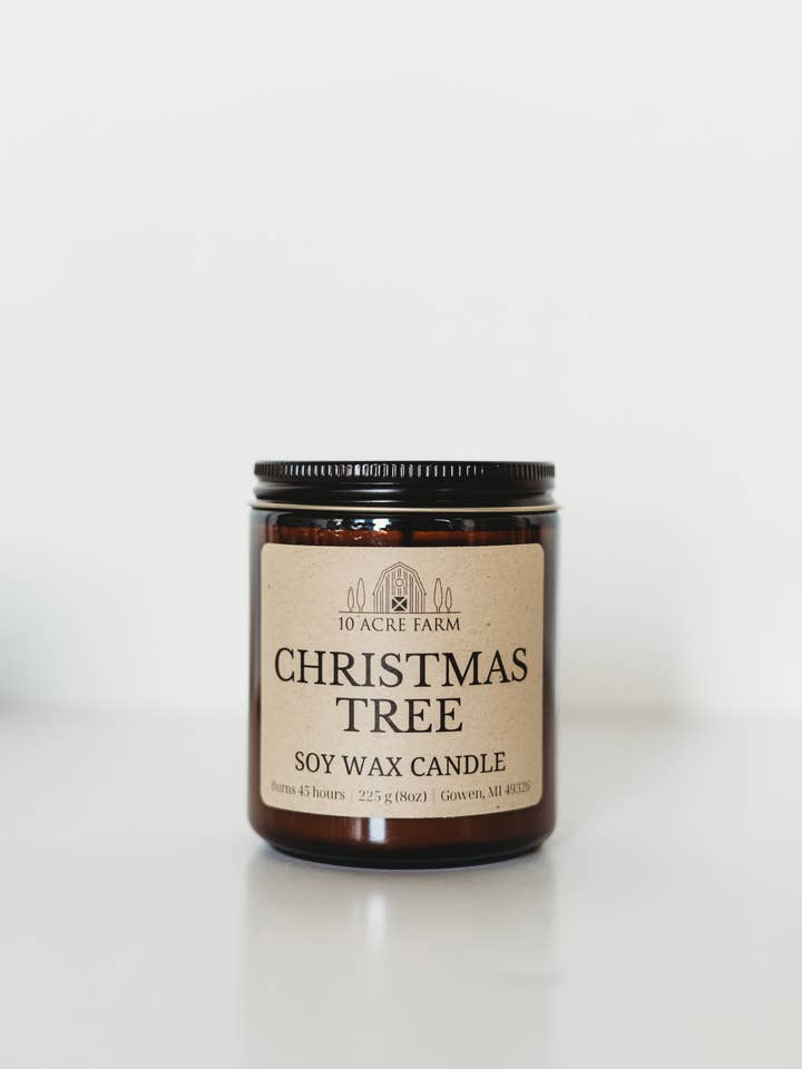 Christmas Tree 8oz Amber Glass Soy Candle for wholesale by 10 acre farm