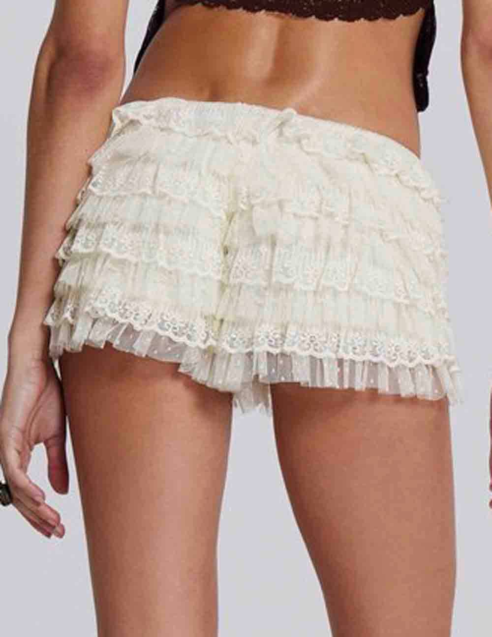 Sweetkama - Vente Short – femme - Shorts à volants en dentelle unie avec nœud pour femmes2