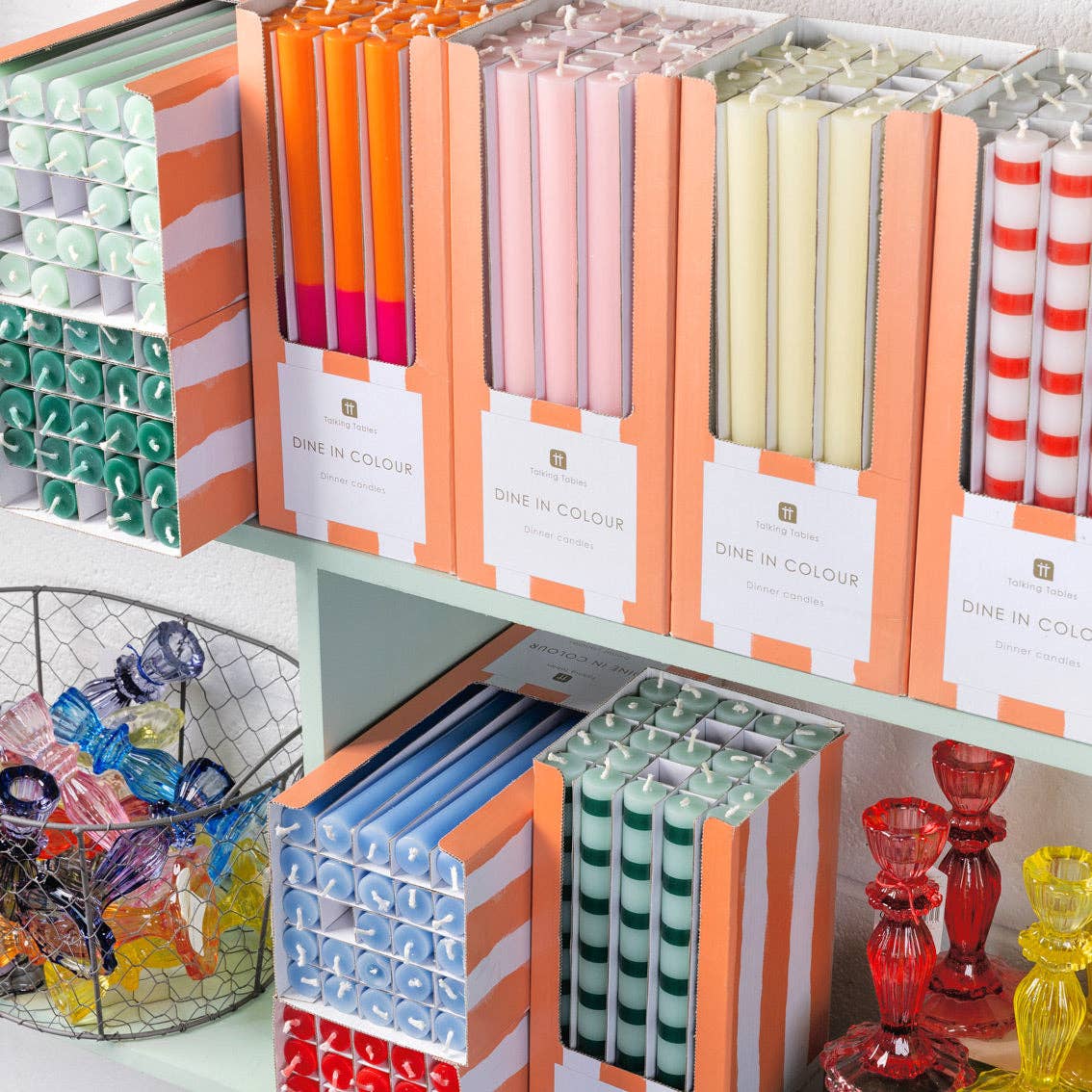 Talking Tables EU - Wholesale Tapered Candle/Candlestick - Green Stripe Taper Dinner Candles - POS Unit6