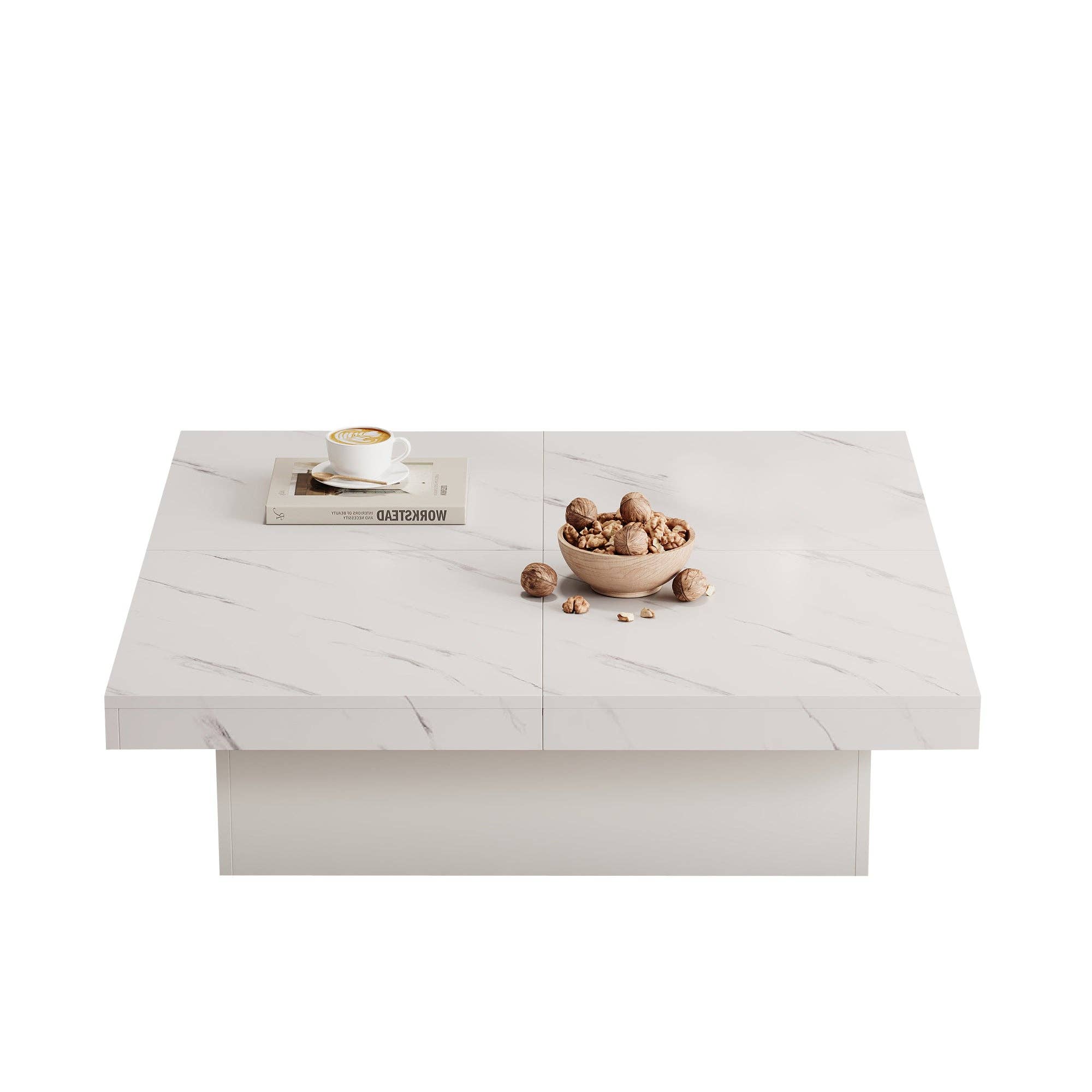 Urban Meuble - Wholesale Side Table - Modern white square coffee table with marble effect, 4 drawers, sliding top 90x90x25cm KHEKRIED30