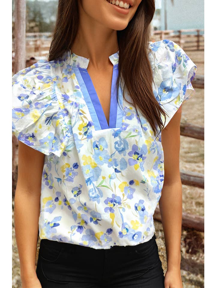 As shown Fashion-W Floral Print Frilled Notched V Neck Blouse for wholesale on Faire