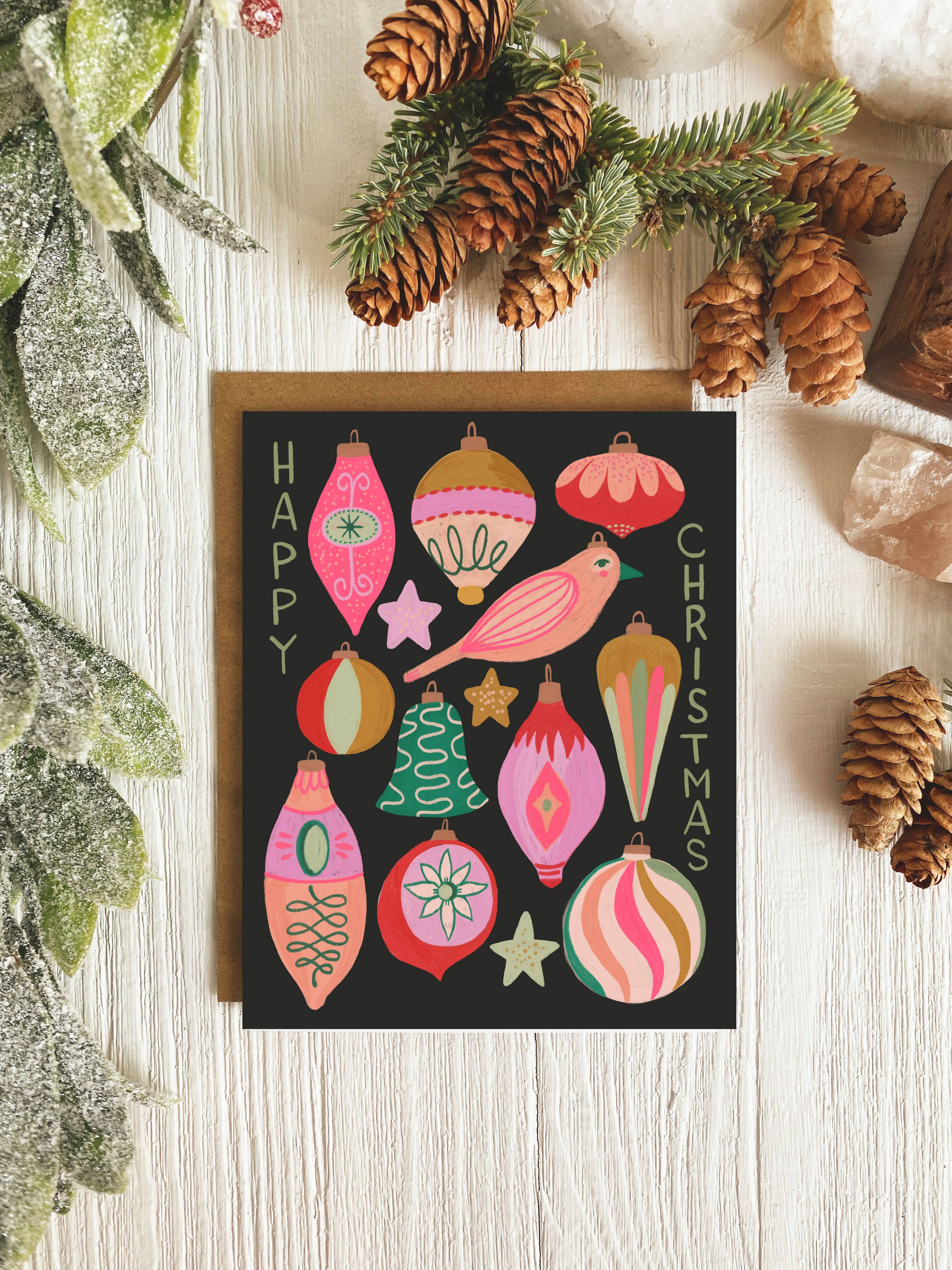 Dream Folk Studio - Wholesale Stationery/Notecard Set - Retro Christmas Ornaments SET of 6 | Holiday Card Set