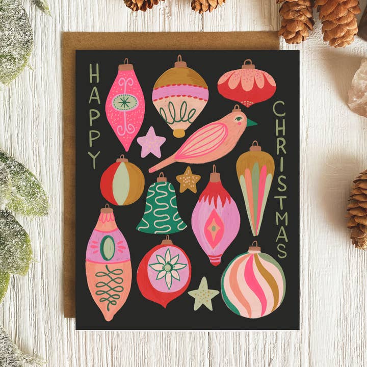 Christmas Notecard | Single Card | Retro Ornaments for wholesale by Dream Folk Studio