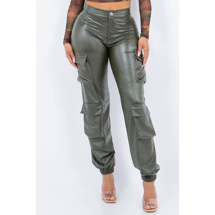 Pantalon de Jogging Cargo en Cuir Taille Haute avec Poches pour la vente par SEXY STAR DESIGN INC