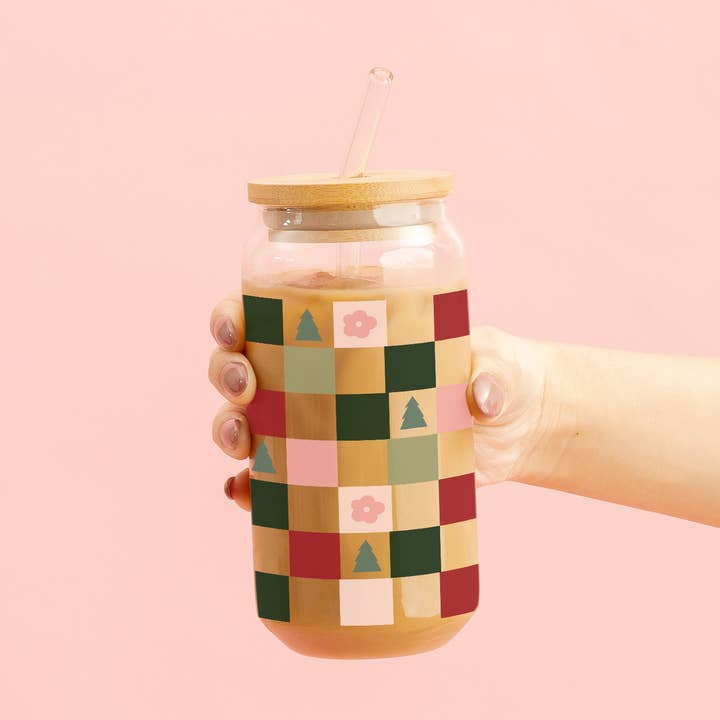 Christmas Round Glass Cup - Holiday Checkers for wholesale by The Darling Effect