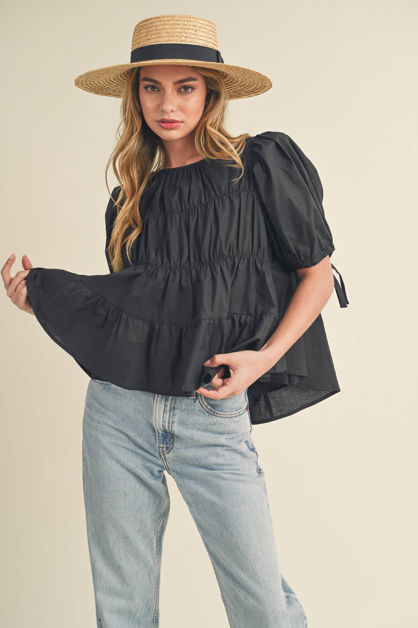 &MERCI - Wholesale Blouse - Women's - TIERED SHIRRING PUFF SLEEVE TOP MTP308156