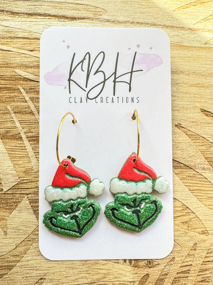 Green Man Hoop Dangle Handmade Clay Earrings for wholesale by KBH CREATIONS