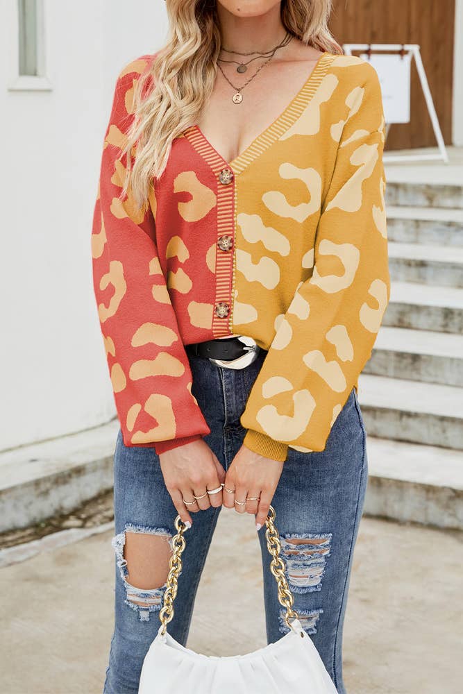 UNISHE - Wholesale Cardigan - Women's - V Neck Button Leopard Colorblock Cardigan MD0079