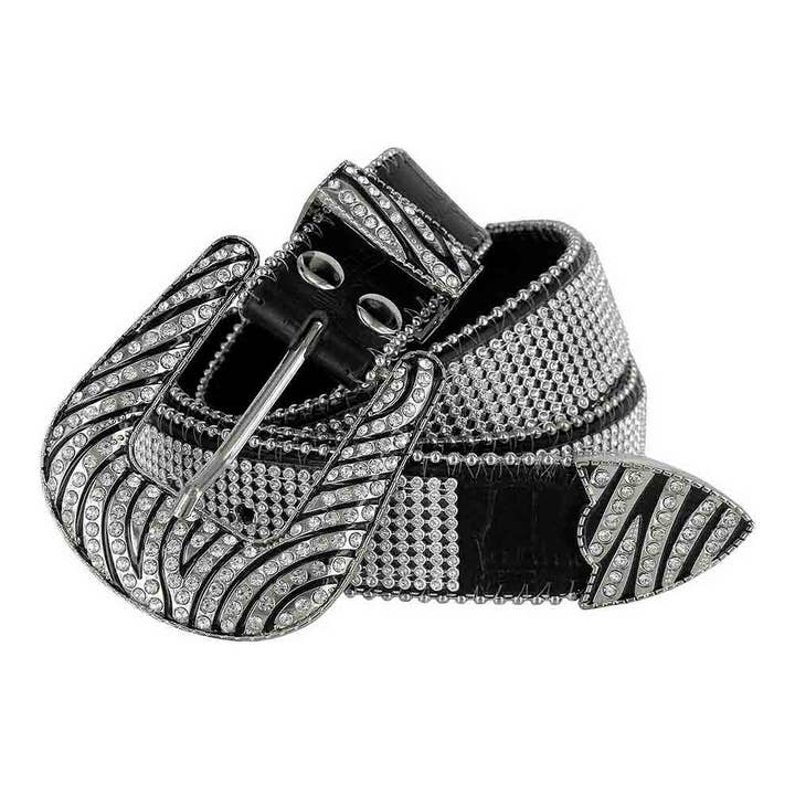 Negro con diseño de piedras blancas tachonadas de cinturones de diamantes de imitación para venta al por mayor de Rhinestone Belt Store