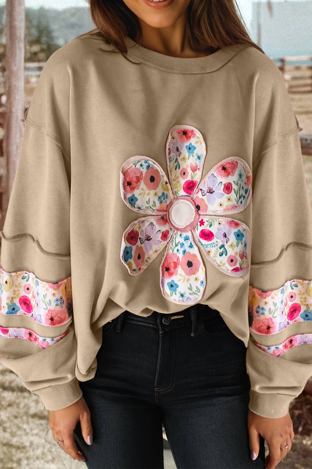 fashionworks - Wholesale Sweatshirt - Women's - Flower Applique Patch Drop Sleeve Pullover Sweatshirt2