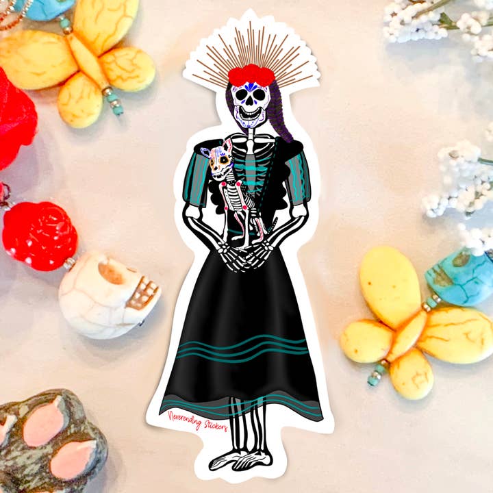 Neverending Stickers - Day Of Dead Catrina & Dog - 4x1.53in - Vinyl Sticker or Magnet - Dia de Los Muertos for wholesale by Neverending Stickers
