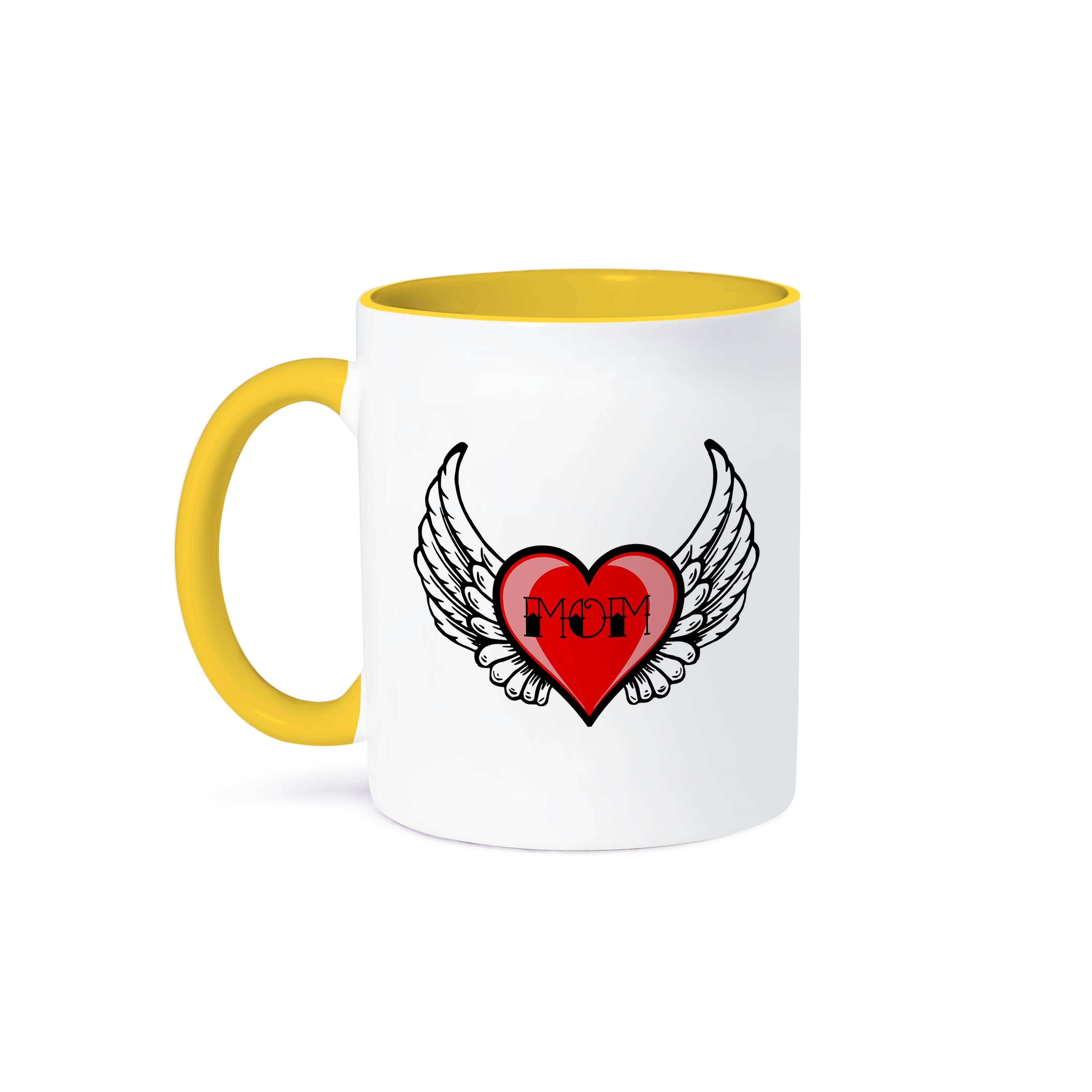 3dRose - Wholesale Coffee Mug - 3dRose, Mom in tattoo lettering inside a red heart with angel wings., Mug0