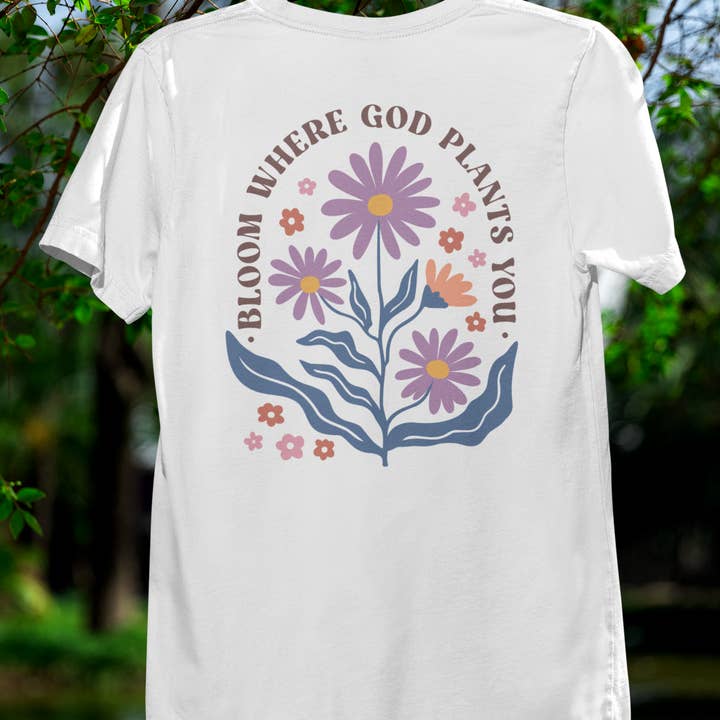 BLOOM WHERE GOD PLANTS YOU Unisex Christian Cotton T-Shirt for wholesale by VILNO Apparel