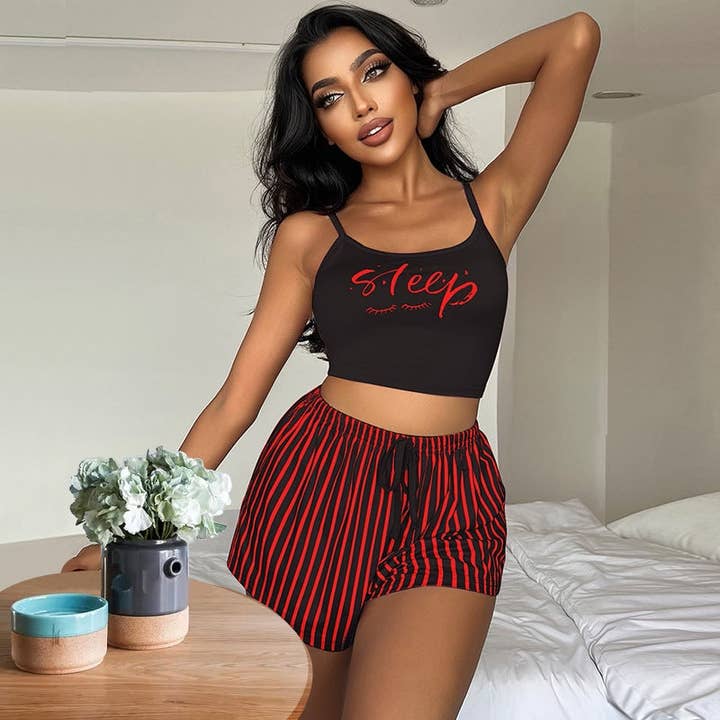 Women Fashion Sexy Letter Printed Camisole Loose Stripe Drawstring Shorts Pajamas Two-Piece Set for wholesale by Basis Fancy