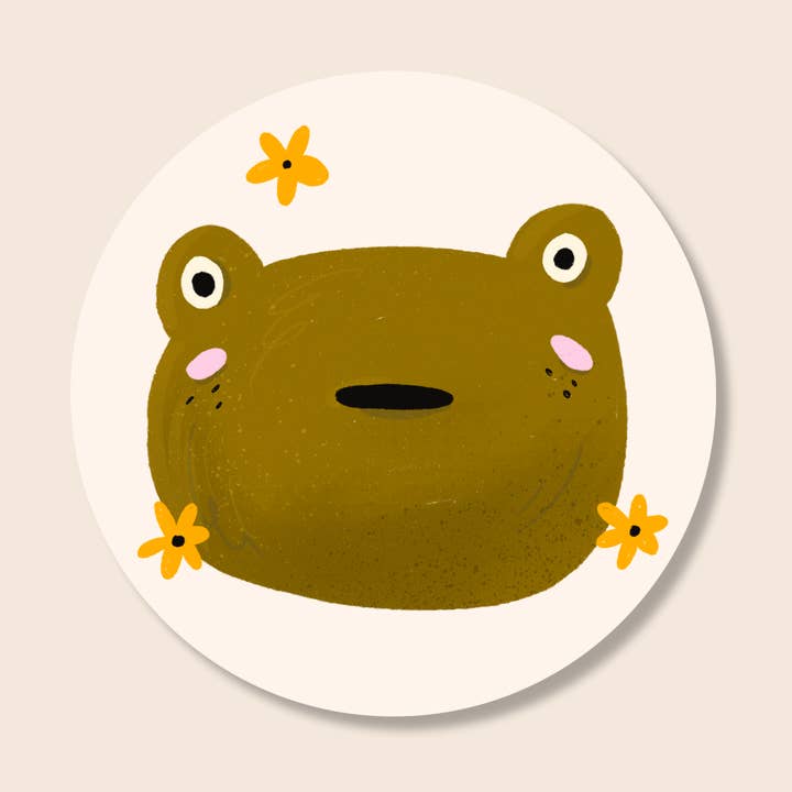 Överraskad groda vinylklistermärke | 3” cirkel blommigt grodklistermärke för wholesale av Brush & Bird Paper Co.