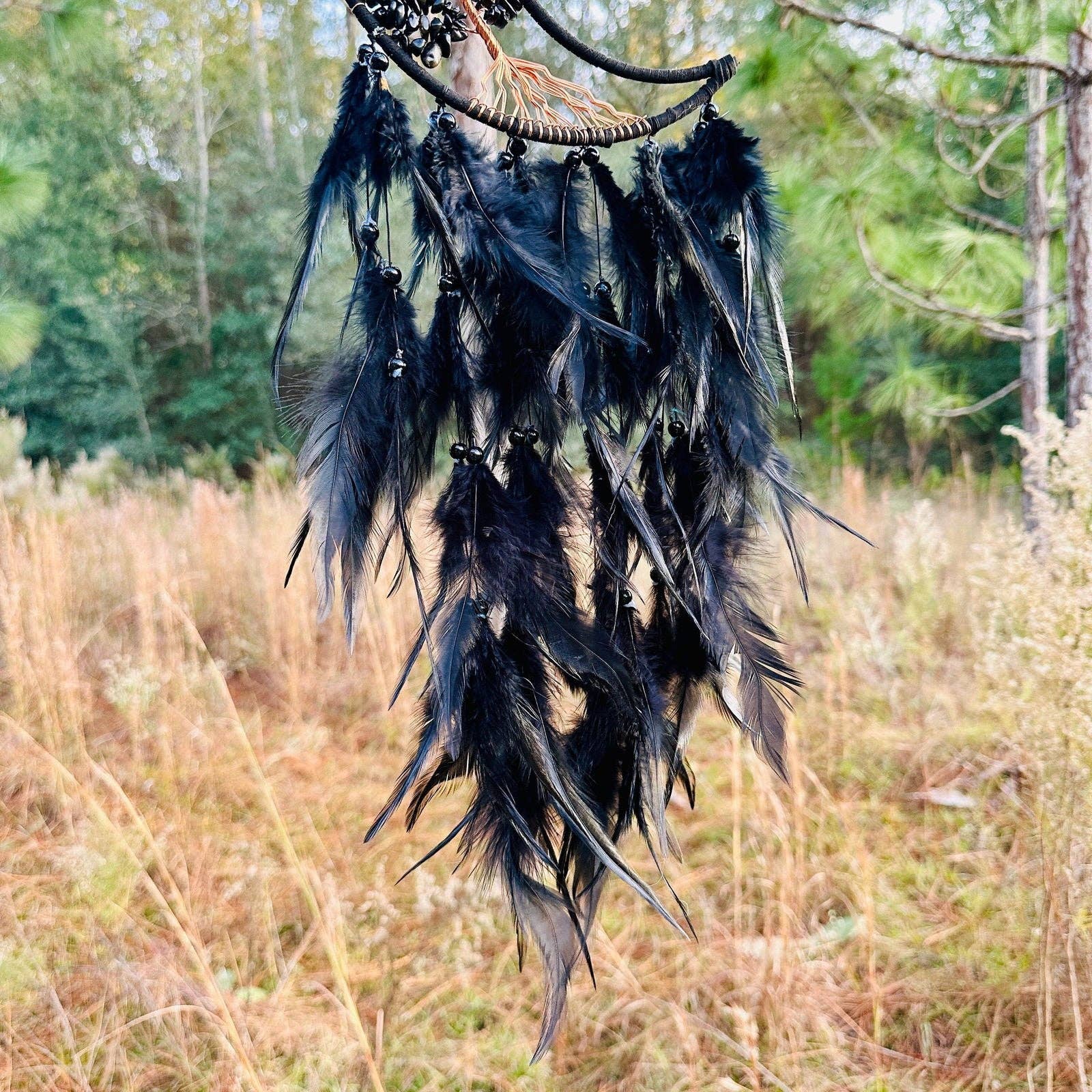 Guzel Handcrafts - Wholesale Dream Catcher - Medium Wall Hanging Crescent Moon Dream Catcher with Black Obsidian Stones & Hanging Stone Charm with Feathers Blacked Out Modern Home Decor5