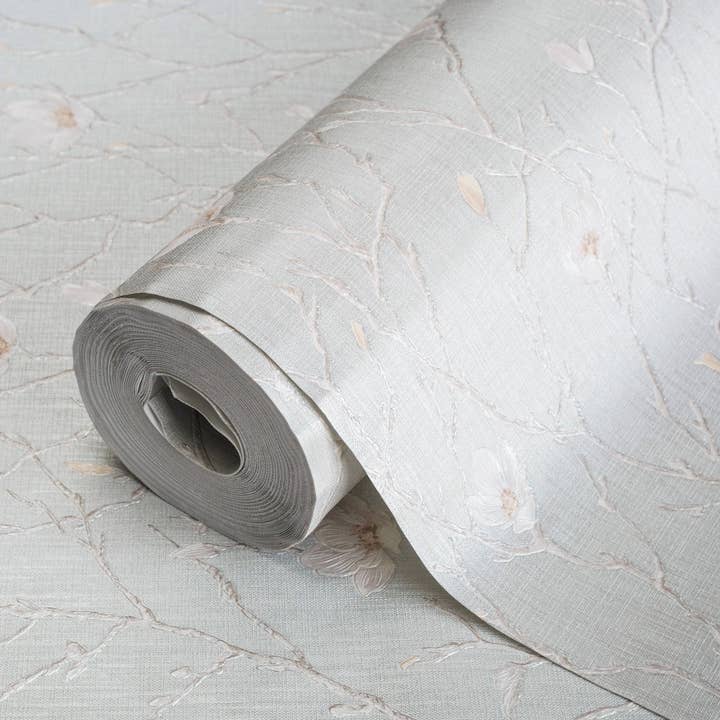 Light Gray Floral Blossom Embossed Wallpaper, Flower Branches Chinoiserie Wallcovering for wholesale by Walloro Luxury Embossed Wallpaper
