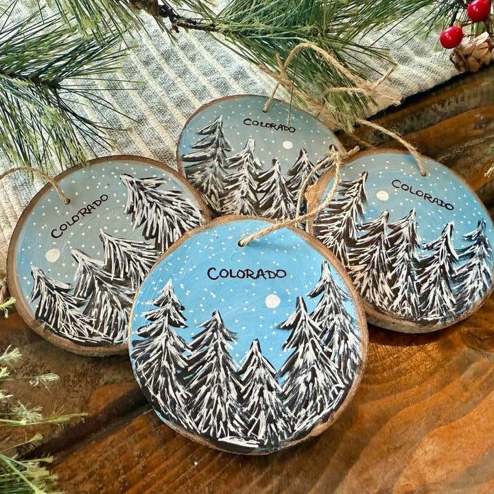 Name Drop Hand Painted Ornament with Snowy Trees and Stars for wholesale by Parks Art Collection