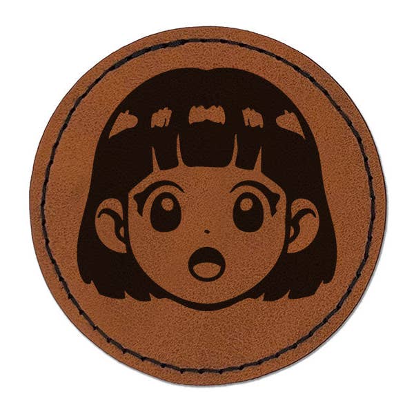 Anime Manga Girl Shocked Surprised Cute Round Iron-On Engraved Faux Leather Patch Applique - 2.5 Inch for wholesale by Sniggle Sloth