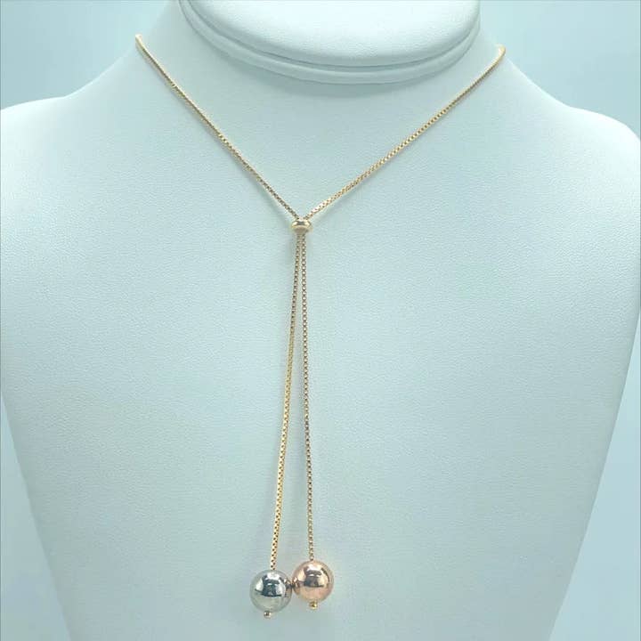 Luxus Accessories – Großhandel Kette mit Anhänger/Charm – Mit 18 Karat Gold gefüllte 1,2 mm große Boxkette, dreifarbig, verstellbar, 30 Zoll, zweifarbige Kugeln2