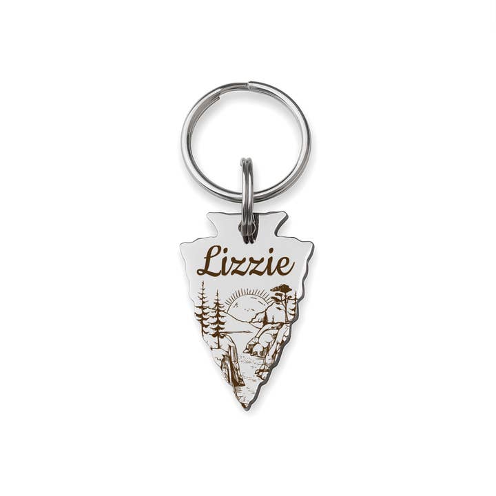 Medaglietta per animali in acciaio inossidabile a forma di punta di freccia personalizzata Alba di montagna per la vendita all'ingrosso da parte di Anavia