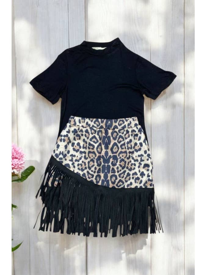 luluclothes - Wholesale Top & Skirt Set - Kids - Western girls sets & Black top & suede leopard skirts
