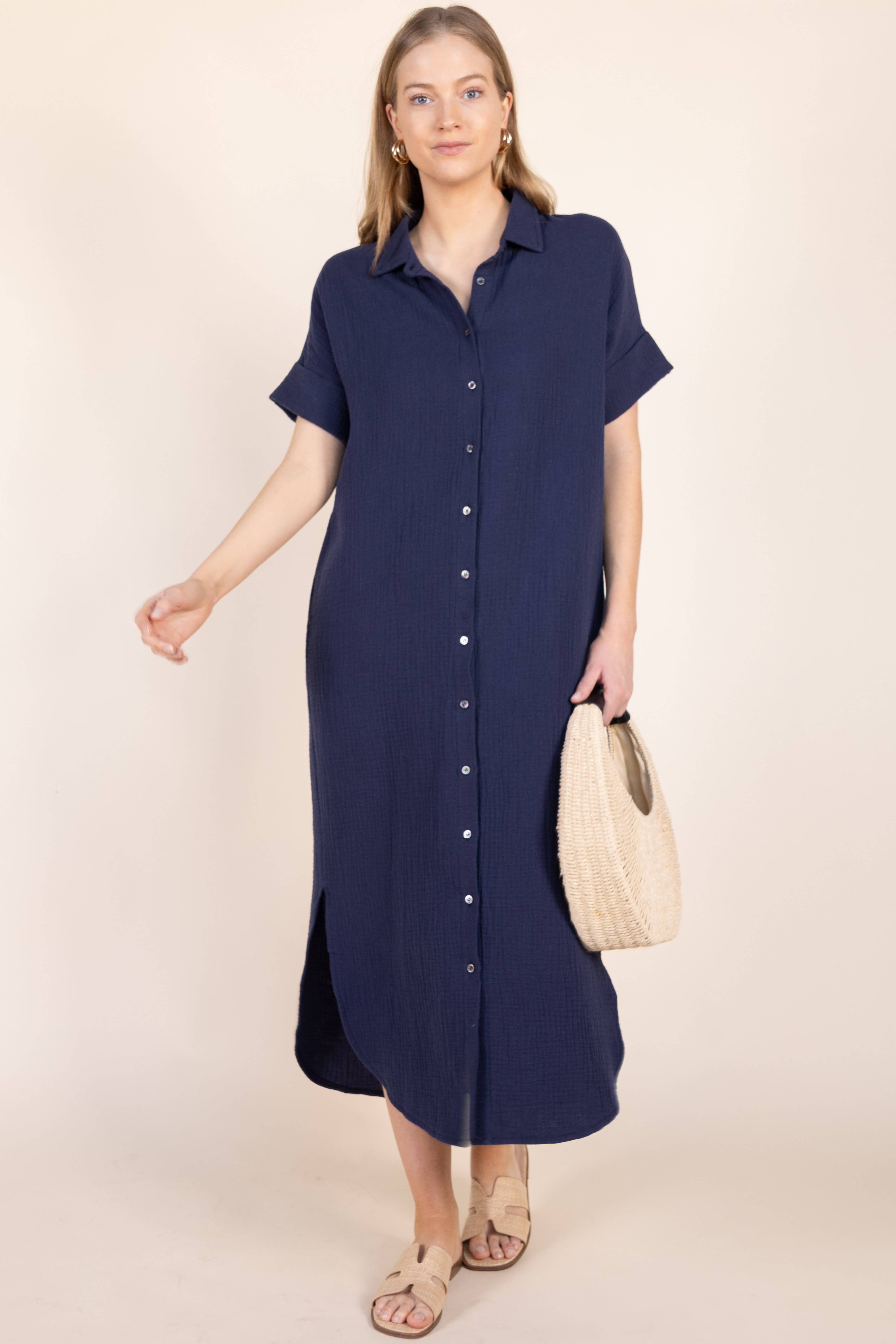 Before You Collection - Wholesale Dress - Women's - 3-Ply Heavy Gauze Button Up Shirt Dress7