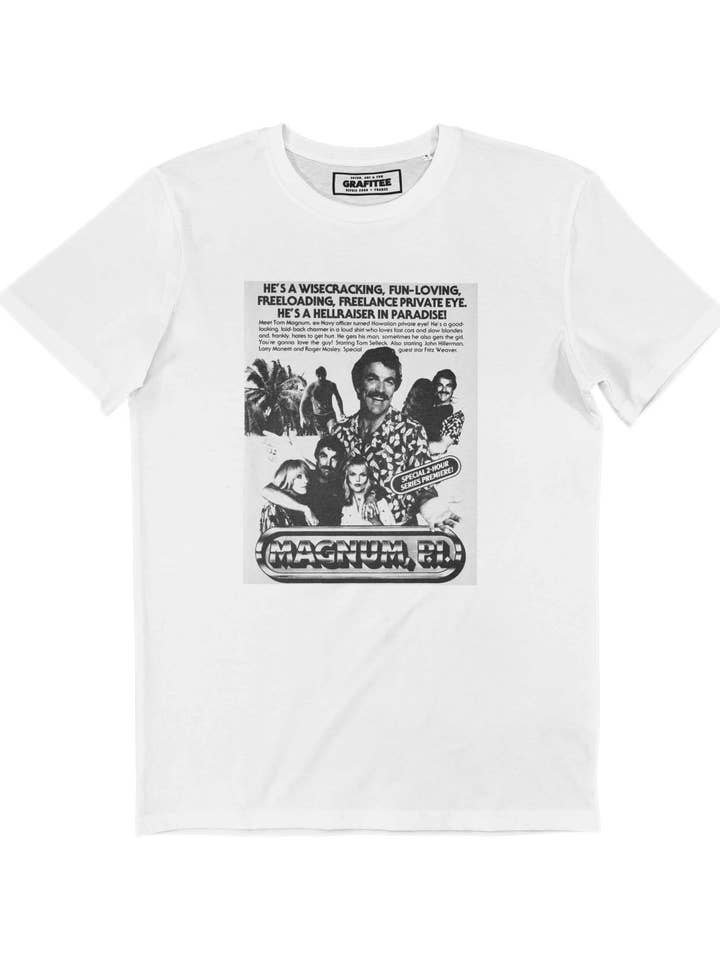 Magnum P.I. T-shirt con poster della serie anni '80 per la vendita all'ingrosso da parte di Grafitee