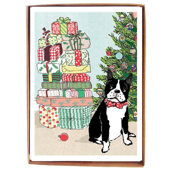 Boston Terrier avec cadeaux - boîte de 8 pour la vente par mollyOcards