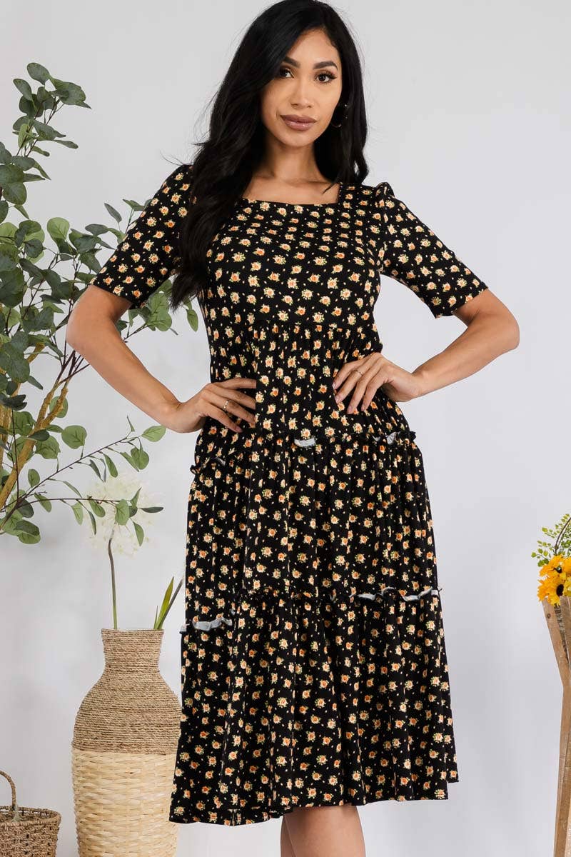 H&H Fashion Inc. – Großhandel Kleid – Damen – JR778X-DITSYFLOWER - Midi-Cocktailkleid mit Puffärmeln12