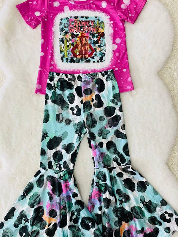 DLH2735 Pink short sleeve top bell bottom 2pcs girls set for wholesale by luluclothes