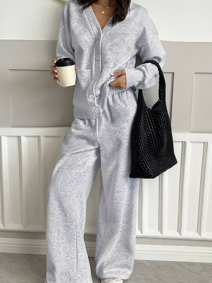 GREY Cozy Button-Up Lounge Set for wholesale on Faire2