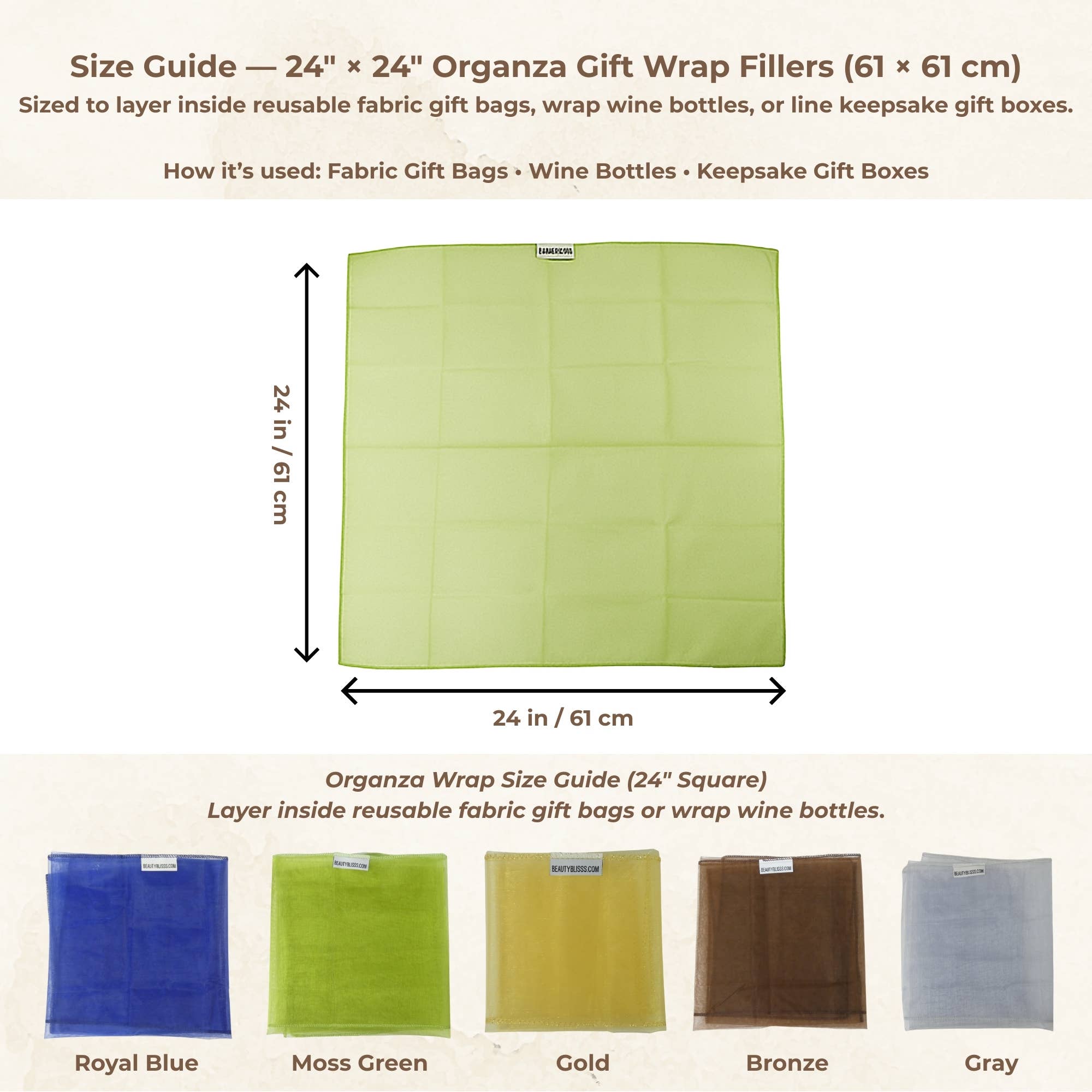 Beauty Blisss - Wholesale Gift Bag Set/Pack - Organza Gift Wrap Fillers – 24" Squares, 5pc & 6pc Sets1