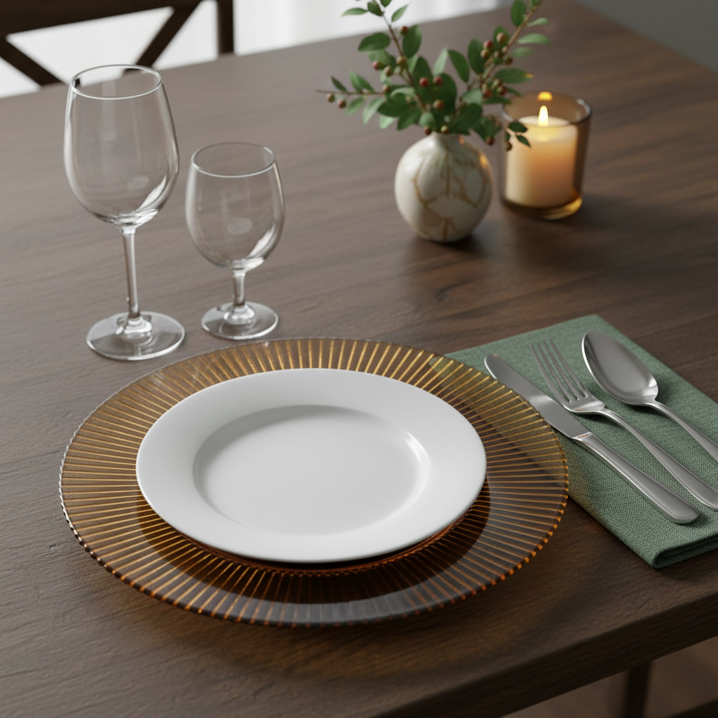 Kadra Kitchenware - Wholesale Charger Plate - Vikko - Decor, Forest, Ribbed Glass Charger, Amber, 13"1