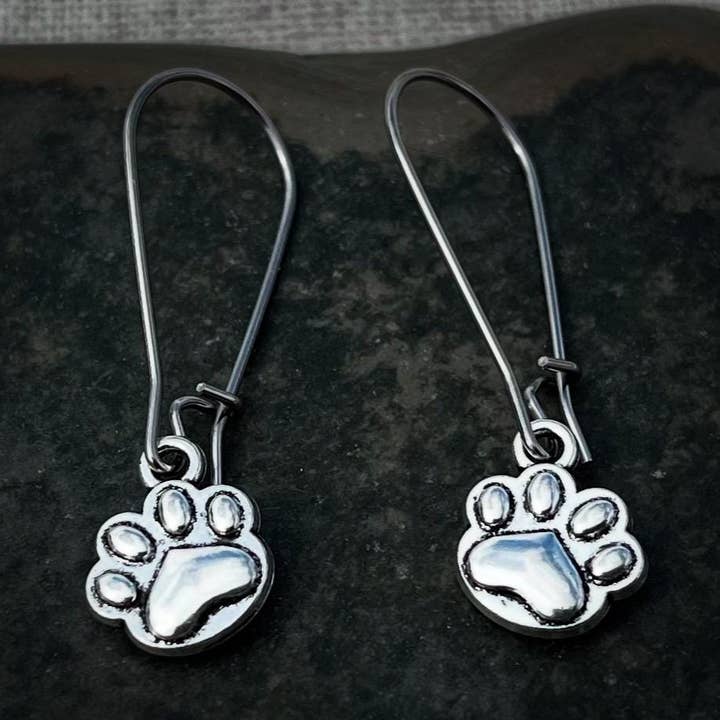 Silver Dog Paw Dangle Earrings - Puppy Paw Jewelry Gifts for wholesale by Tiger Flower Jewelry