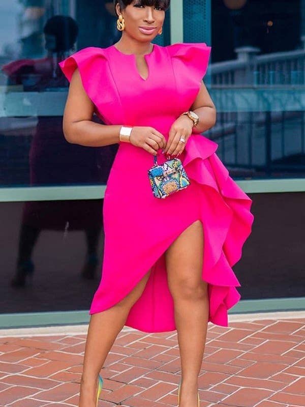 Asymmetrisk kjole med slids og split-halsudskæring for engroshandel hos Aria Romance