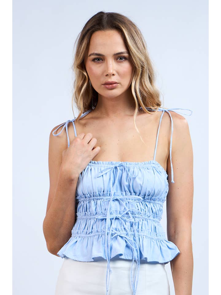 Sky to Moon - Wholesale Blouse - Women's - SOLID RUFFLE TRIM RUCHED TIERED TIES CROP TOP