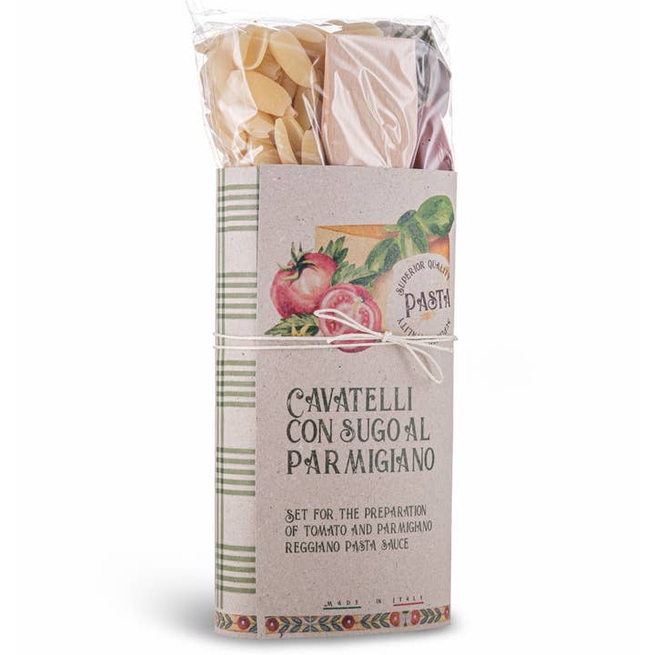 Artigiani dei Sapori, Artisan Pasta Gift Set - Cavatelli Pasta with Parmigiano Reggiano D.O.P. Tomato sauce includes wooden sppon for wholesale by Wholesale Italian Food