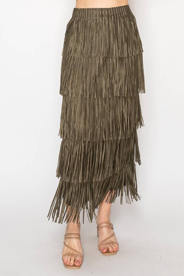 OLIVE Layered Fringe Tiered Maxi Skirt - 4794OLIVE for wholesale on Faire1