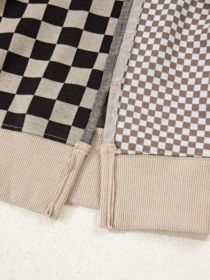 Kaki Haut décontracté à motif patchwork à carreaux mixtes, asymétrique. en vente sur Faire6
