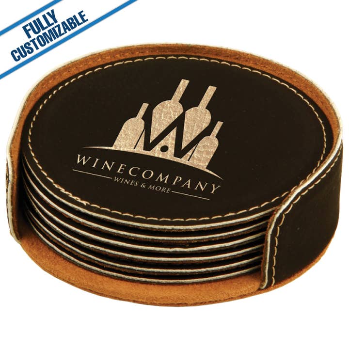 GiftWorksPlus - Wholesale Coasters - Engraved Leatherette Round Coasters - Fully Customizable17