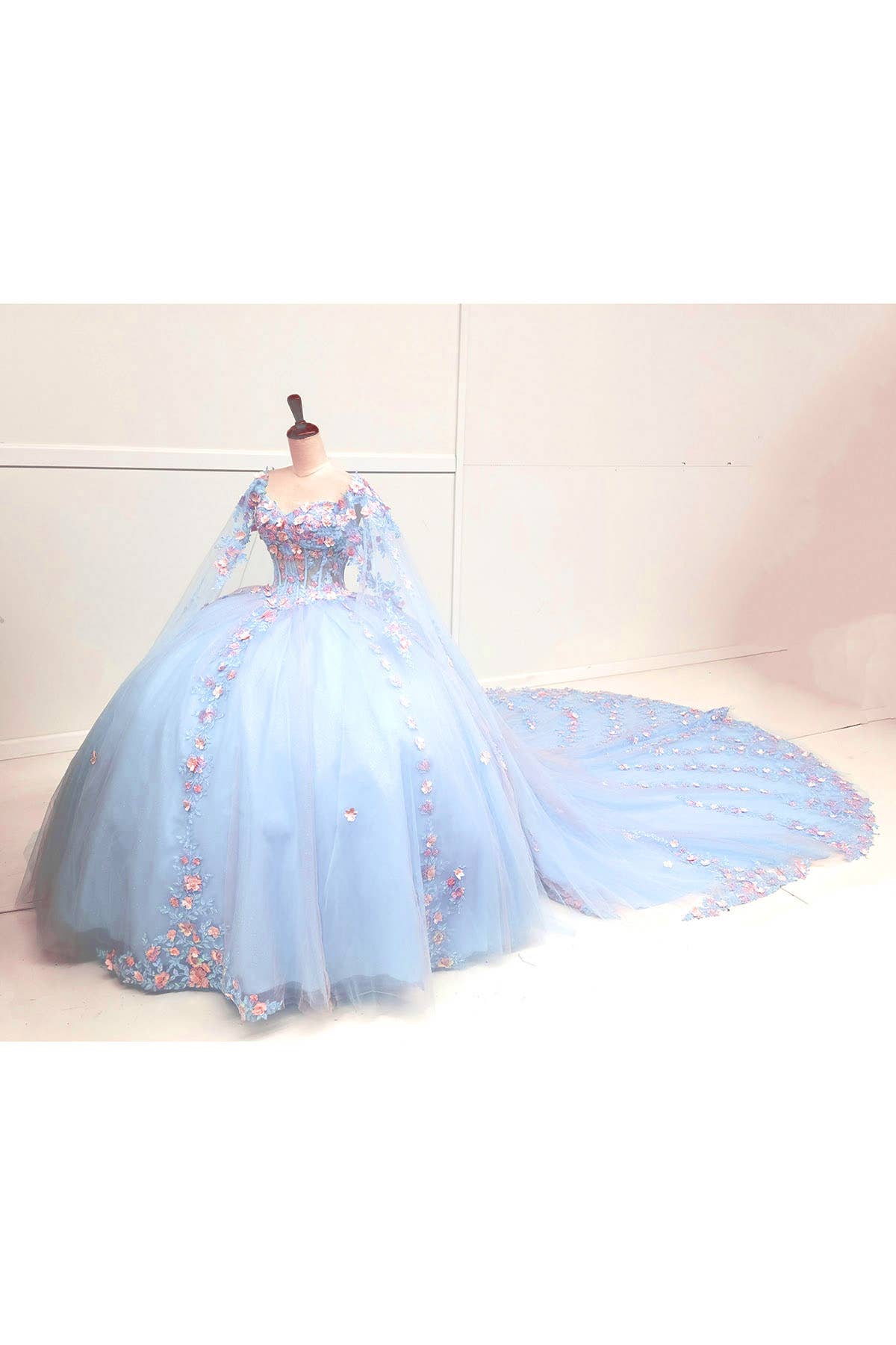 Baby Blue Quinceanera Dress With Pink Flowers and Cape CHF3117 for wholesale on Faire1
