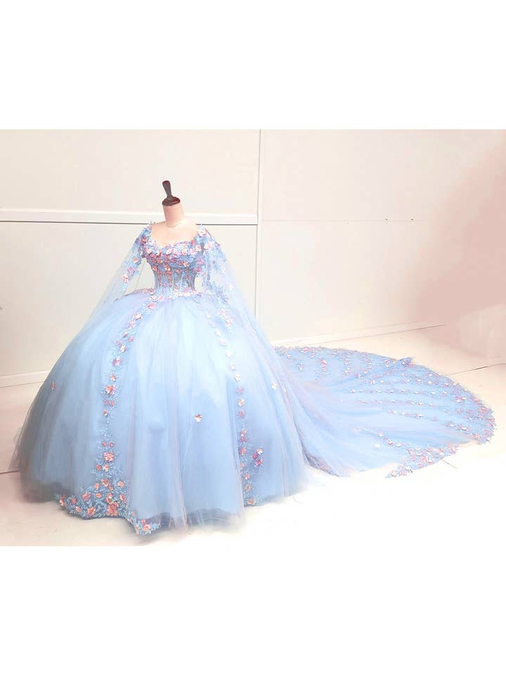 Baby Blue Quinceanera Dress With Pink Flowers and Cape CHF3117 for wholesale on Faire1