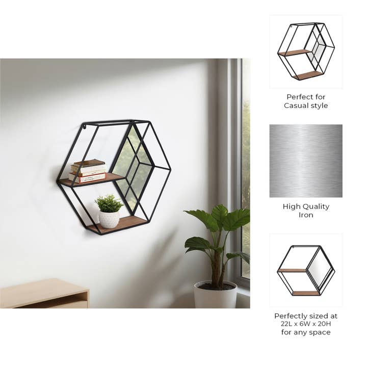 Sagebrook Home – wholesale Förvaringsbehållare – Svart 20 tum Metall/Trä Hexagon Spegelväggshylla i Casual stil