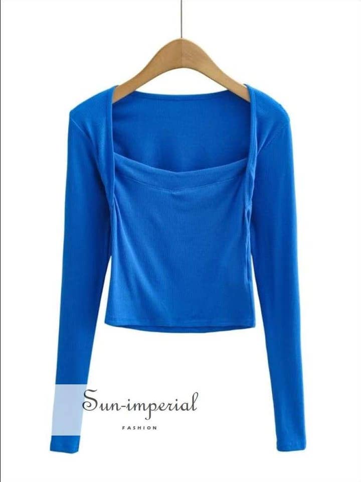 Top a maniche lunghe a costine con scollo quadrato blu da donna per la vendita all'ingrosso da parte di Sun Imperial