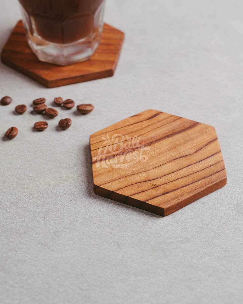Bali Harvest - Wholesale Coasters - Hexagonal Teak Wooden Coasters - Drinks Mat Glass Top Saucer