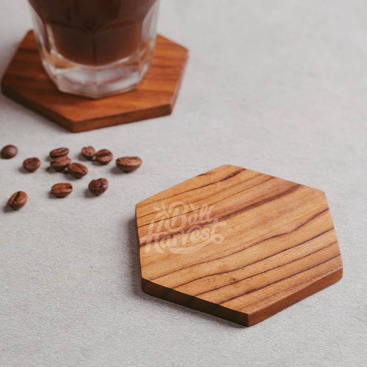 Hexagonal Teak Wooden Coasters - Drinks Mat Glass Top Saucer for wholesale by Bali Harvest