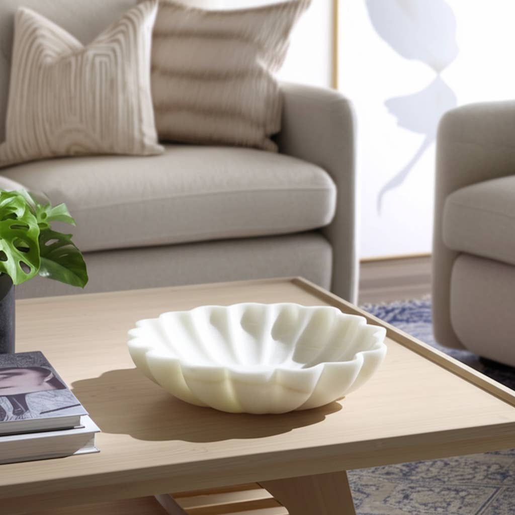 Sagebrook Home - Wholesale Decorative Plate/Dish/Bowl - Decorative Bowl - White Marble Veined Shell Shaped, 12 in.1