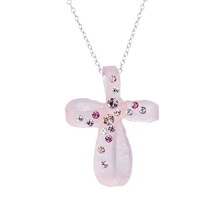 Collier avec pendentif croix en forme de bulle rose avec cristaux Swarovski pour la vente par Gold & Honey